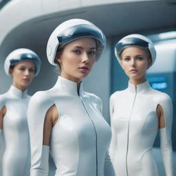 Imaginative representation of women in futuristic styled attire, living in an advanced, technologically rich setting of 2050.