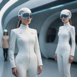 Imaginative representation of women in futuristic styled attire, living in an advanced, technologically rich setting of 2050.