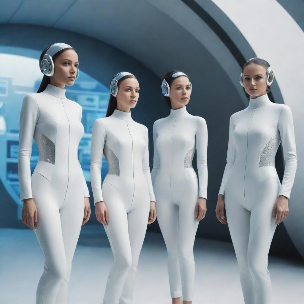 Imaginative representation of women in futuristic styled attire, living in an advanced, technologically rich setting of 2050.