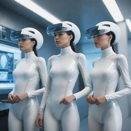 Imaginative representation of women in futuristic styled attire, living in an advanced, technologically rich setting of 2050.