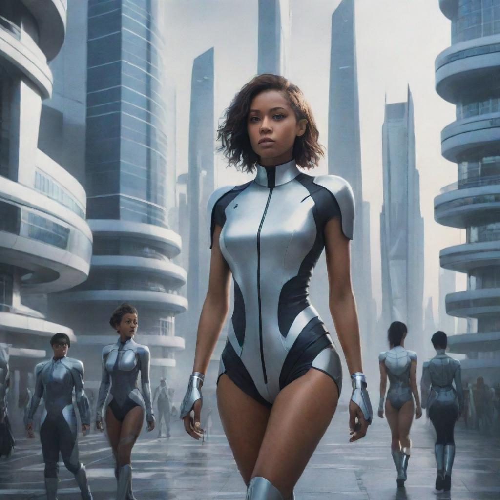 Concept art of women in the year 2100, dressed in futuristic outfits, surrounded by advanced technology and modern architectural structures.