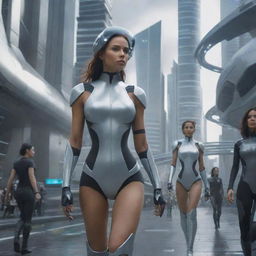 Concept art of women in the year 2100, dressed in futuristic outfits, surrounded by advanced technology and modern architectural structures.