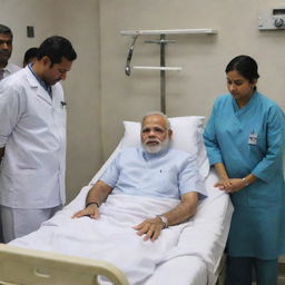 India's Prime Minister, Narendra Modi, resting peacefully on a hospital bed, surrounded by medical equipment. There are doctors attentively checking on his health.