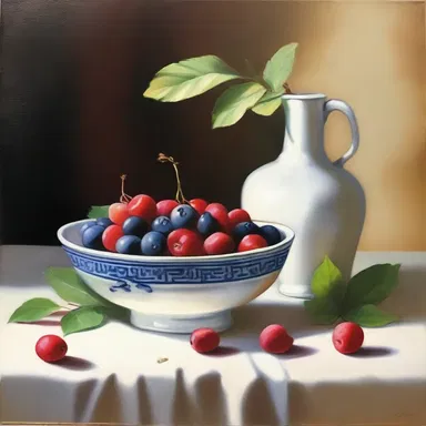 The artist created a beautiful still life painting that featured a bowl of fresh whinberries.