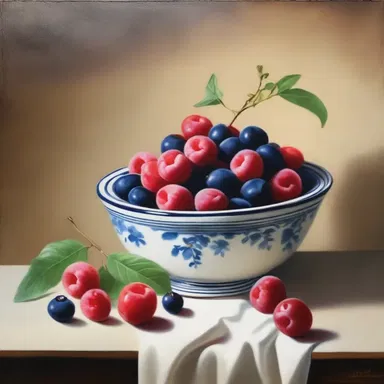 The artist created a beautiful still life painting that featured a bowl of fresh whinberries.