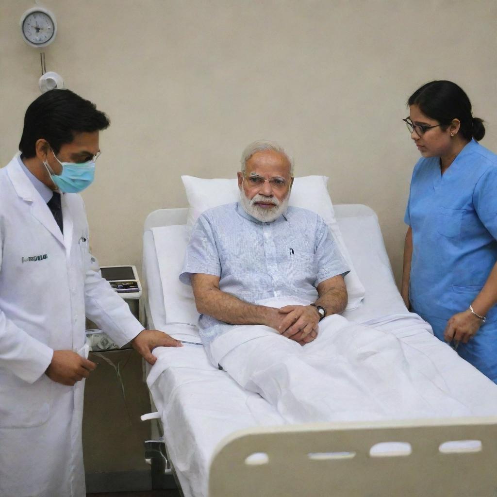 India's Prime Minister, Narendra Modi, resting peacefully on a hospital bed, surrounded by medical equipment. There are doctors attentively checking on his health.