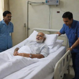 India's Prime Minister, Narendra Modi, resting peacefully on a hospital bed, surrounded by medical equipment. There are doctors attentively checking on his health.