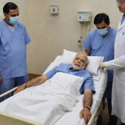 India's Prime Minister, Narendra Modi, resting peacefully on a hospital bed, surrounded by medical equipment. There are doctors attentively checking on his health.