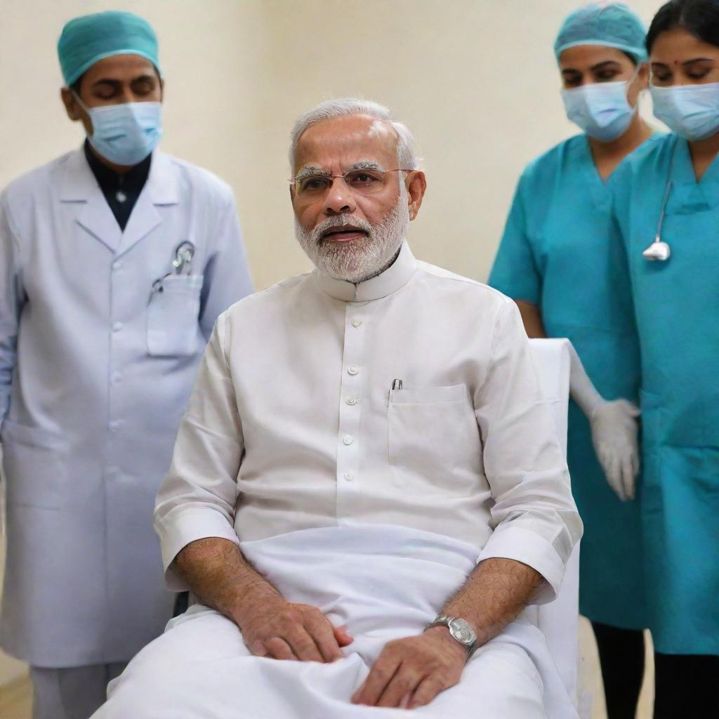 A respectful illustration of Indian Prime Minister Narendra Modi in a hospital setting, battling an illness with strength and resilience, attended by medical professionals.