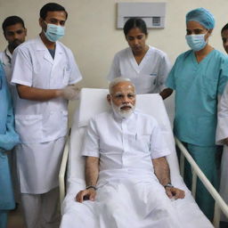 A respectful illustration of Indian Prime Minister Narendra Modi in a hospital setting, battling an illness with strength and resilience, attended by medical professionals.