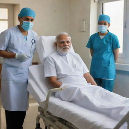 A respectful illustration of Indian Prime Minister Narendra Modi in a hospital setting, battling an illness with strength and resilience, attended by medical professionals.