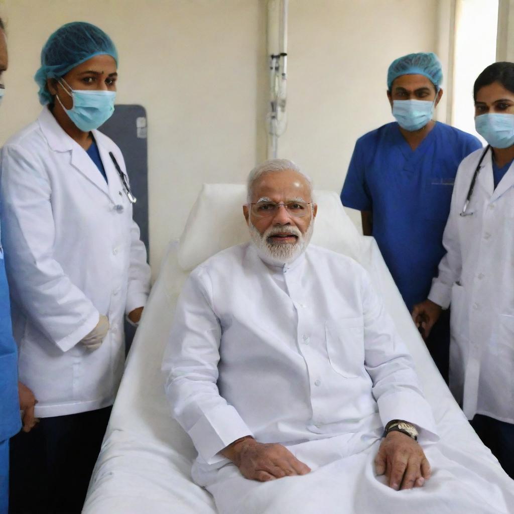 A respectful illustration of Indian Prime Minister Narendra Modi in a hospital setting, battling an illness with strength and resilience, attended by medical professionals.