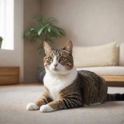 Generate a detailed and lifelike image of a domestic cat sitting casually in a cozy living room setting.