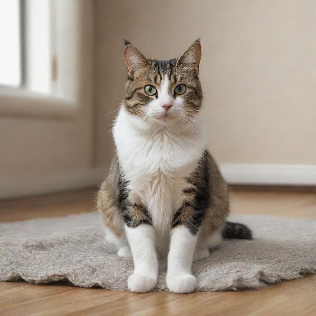 Generate a detailed and lifelike image of a domestic cat sitting casually in a cozy living room setting.