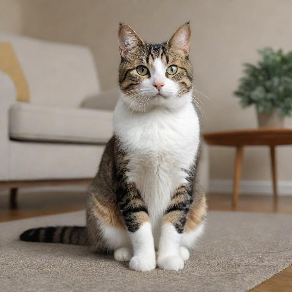 Generate a detailed and lifelike image of a domestic cat sitting casually in a cozy living room setting.