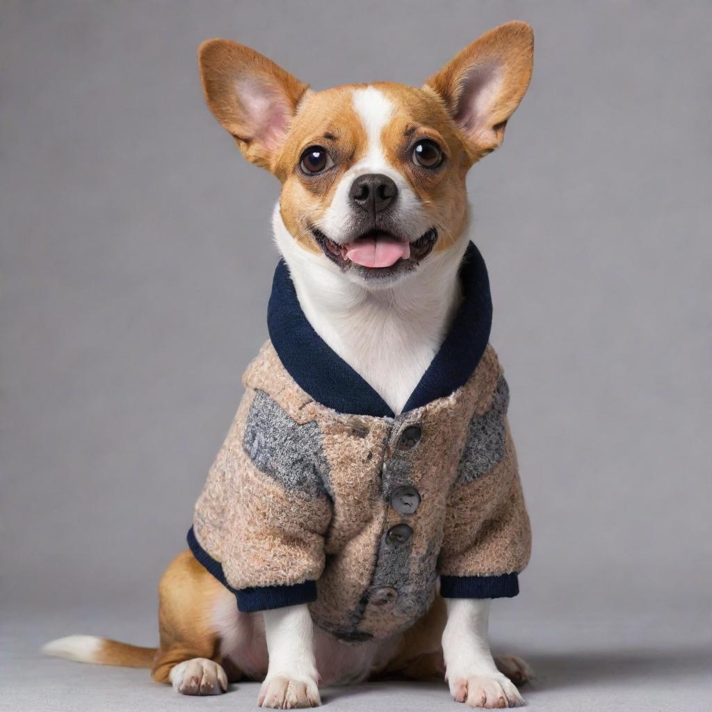 A playful dog wearing a fashionable jacket, showing both humor and style.