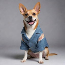 A playful dog wearing a fashionable jacket, showing both humor and style.