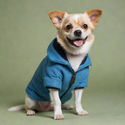 A playful dog wearing a fashionable jacket, showing both humor and style.