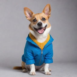 A playful dog wearing a fashionable jacket, showing both humor and style.