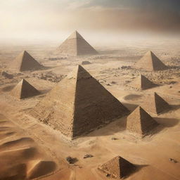 The Pyramids of Egypt in the year 2050 surrounded by futuristic technology and structures, while still preserving historical integrity