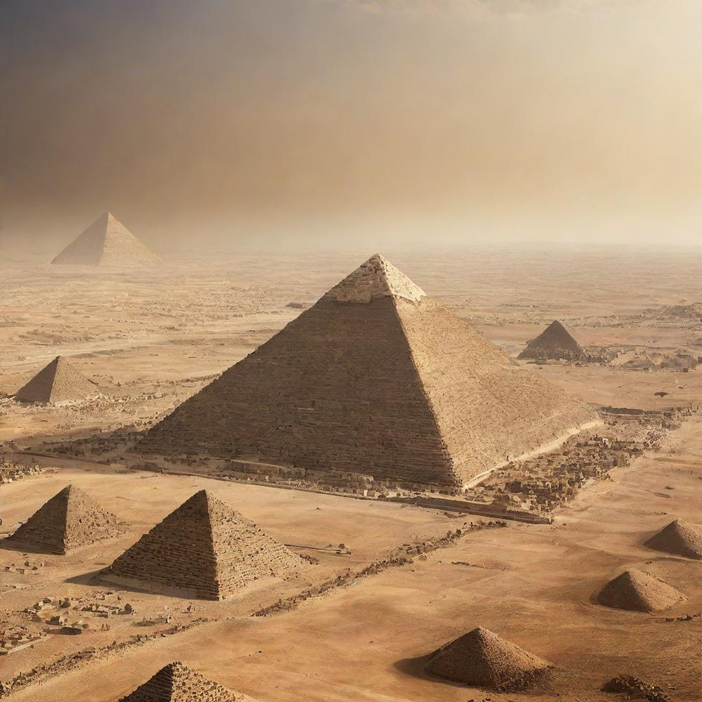 The Pyramids of Egypt in the year 2050 surrounded by futuristic technology and structures, while still preserving historical integrity