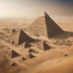 The Pyramids of Egypt in the year 2050 surrounded by futuristic technology and structures, while still preserving historical integrity