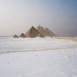 The Pyramids of Giza enveloped in a snowy atmosphere with flakes of snow gently blanketing the ground