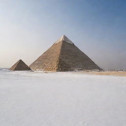 The Pyramids of Giza enveloped in a snowy atmosphere with flakes of snow gently blanketing the ground