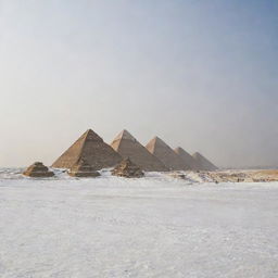 The Pyramids of Giza enveloped in a snowy atmosphere with flakes of snow gently blanketing the ground