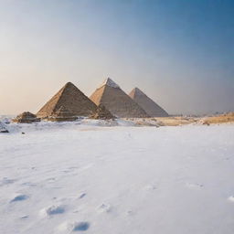 The Pyramids of Giza enveloped in a snowy atmosphere with flakes of snow gently blanketing the ground