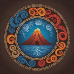 Create a symbolic representation of the elements Earth, Water, Fire, and Wind, incorporating a volcano, in the style of Maori art, illustrated in vector format.