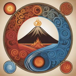 Create a symbolic representation of the elements Earth, Water, Fire, and Wind, incorporating a volcano, in the style of Maori art, illustrated in vector format.