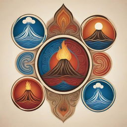 Create a symbolic representation of the elements Earth, Water, Fire, and Wind, incorporating a volcano, in the style of Maori art, illustrated in vector format.