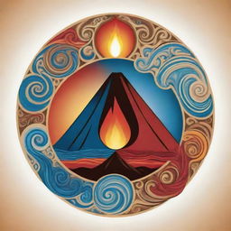 Create a symbolic representation of the elements Earth, Water, Fire, and Wind, incorporating a volcano, in the style of Maori art, illustrated in vector format.