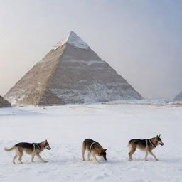 The Pyramids of Giza shrouded in a wintry scene, with Husky dogs frolicking in the fresh snow