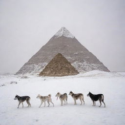 The Pyramids of Giza shrouded in a wintry scene, with Husky dogs frolicking in the fresh snow