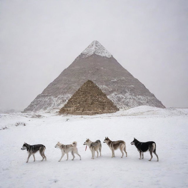 The Pyramids of Giza shrouded in a wintry scene, with Husky dogs frolicking in the fresh snow