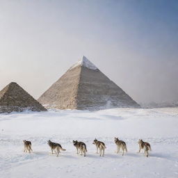 The Pyramids of Giza shrouded in a wintry scene, with Husky dogs frolicking in the fresh snow