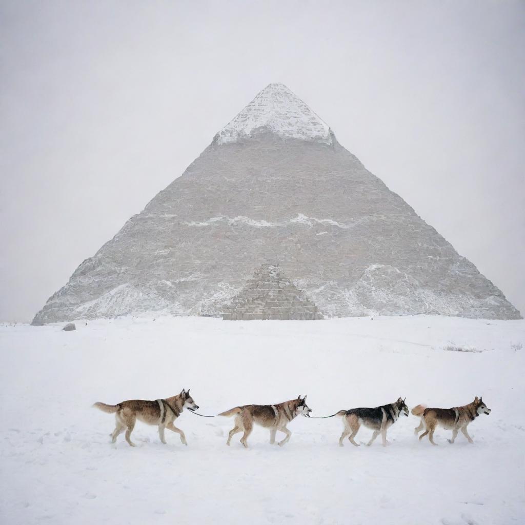 The Pyramids of Giza shrouded in a wintry scene, with Husky dogs frolicking in the fresh snow