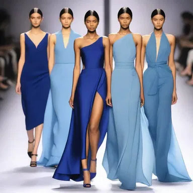 The designer showcased a collection of dresses in various shades of blue, each with a uniform draping style.