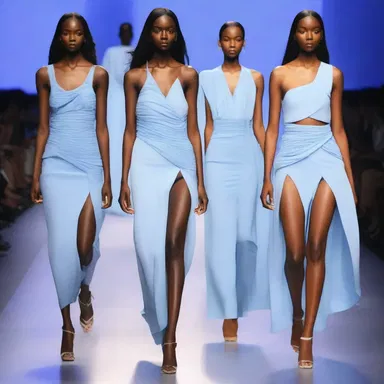 The designer showcased a collection of dresses in various shades of blue, each with a uniform draping style.