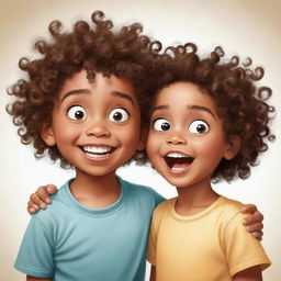 Cartoon image of a mischievous boy with curly hair teasing his sister.