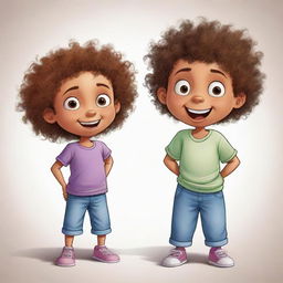 Cartoon image of a mischievous boy with curly hair teasing his sister.