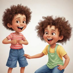 Cartoon image of a mischievous boy with curly hair teasing his sister.