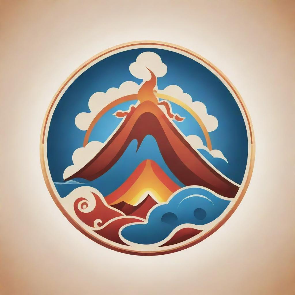 A Maori-style vector symbol featuring a volcano encompassed by representations of the four elements: earth, water, fire, and wind.