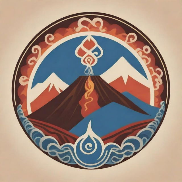 A Maori-style vector symbol featuring a volcano encompassed by representations of the four elements: earth, water, fire, and wind.