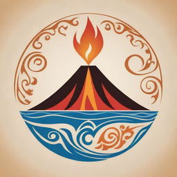 A Maori-style vector symbol featuring a volcano encompassed by representations of the four elements: earth, water, fire, and wind.