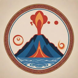 A Maori-style vector symbol featuring a volcano encompassed by representations of the four elements: earth, water, fire, and wind.