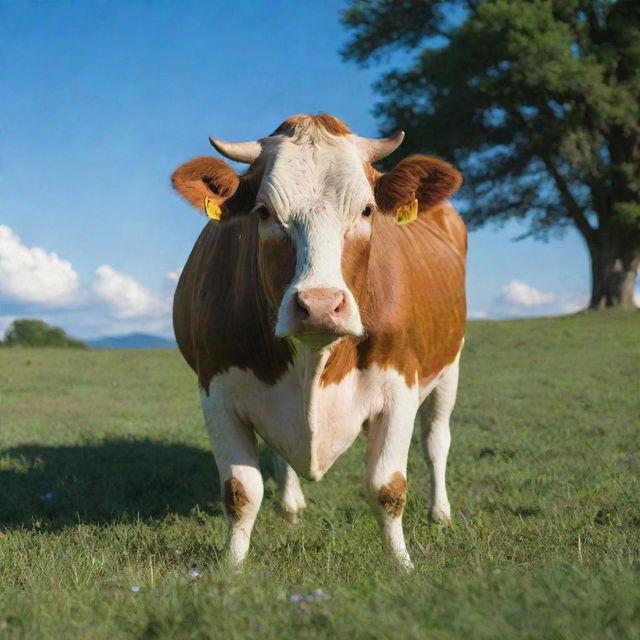 A contented cow in an idyllic, lush green pasture under a clear blue sky.