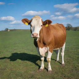 A contented cow in an idyllic, lush green pasture under a clear blue sky.